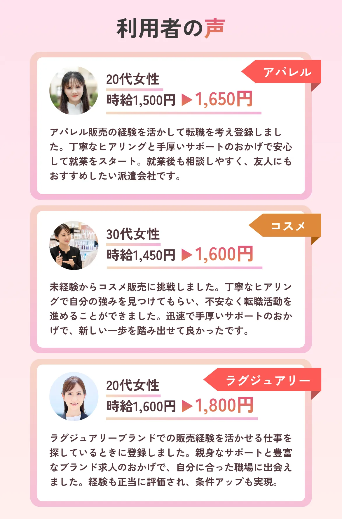 ①アパレル販売の経験を活かして転職を考えていた際に登録しました。②コスメ販売に興味はありましたが、事務職経験しかなく不安がありました。③ラグジュアリーブランドでの販売経験を活かして、次のキャリアを探していた際に登録しました。